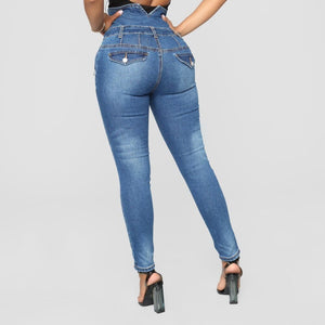 2019 New Spring Autumn Woman High Waist Elastic Skinny Denim Long Pencil Pants Plus Size Buttons Jeans Camisa Feminina Trousers