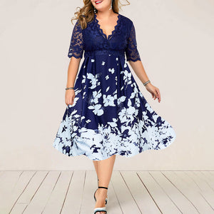 Plus Size Women Summer Dress Patchwork Flower Large Size Evening Party Lady Midi Dress Sexy Lace Calf Elegant Female Dress D25