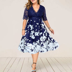 Plus Size Women Summer Dress Patchwork Flower Large Size Evening Party Lady Midi Dress Sexy Lace Calf Elegant Female Dress D25