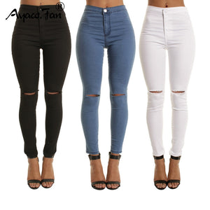 2019 Autumn White Hole Skinny Ripped Jeans Women Jeggings Cool Denim High Waist Pants Capris Female Skinny Black Casual Jeans