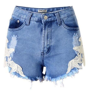 European And American Short En Jeans Women Summer High Waist Ripped Jean Shorts For Women Sexy Lace Stitching Denim Shorts