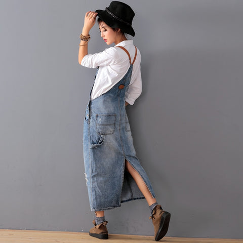Maxi Denim Dress Summer Ladies Suspenders Holes Jeans Dresses Female Loose Plus Size Bib Blue Jeans Long Dress Vestidos 8075