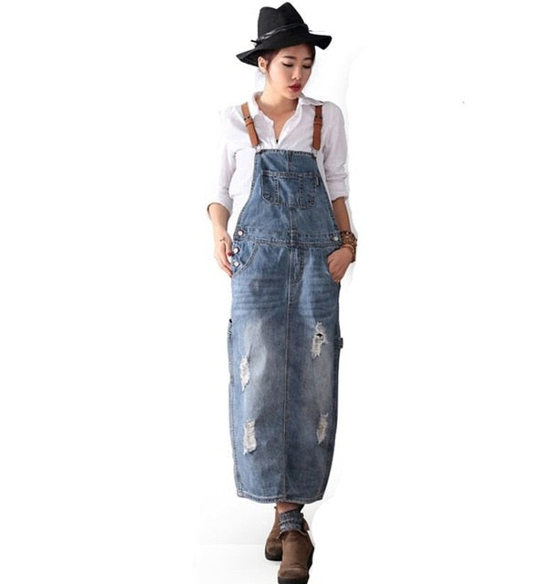 Maxi Denim Dress Summer Ladies Suspenders Holes Jeans Dresses Female Loose Plus Size Bib Blue Jeans Long Dress Vestidos 8075