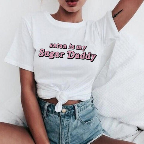 New Yes Daddy T Shirt Women Satan Is My Sugar Daddy Aesthetic Kawaii Harajuku T-shirt Ullzang 90s Tshirt Fashion Top Tees Female