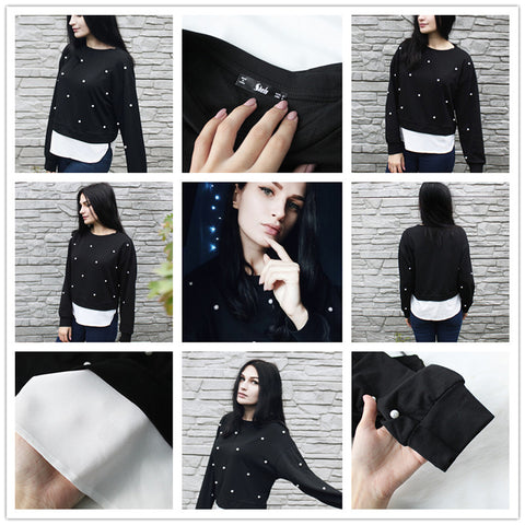 SHEIN Sweatshirt Woman Pearl Beading 2 In 1 Sweatshirt Autumn Women Sweatshirt Black Long Sleeve Elegant Pullovers