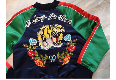 Women Bomber Jacket Coat Reversible Baseball Jackets Sukajan Vintage Tiger Head Embroidered Winter Pilots Outerwear LY288