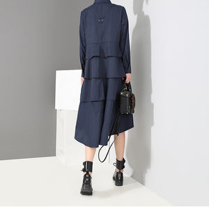 New 2019 Korean Style Women Autumn Navy Blue Shirt Dress Long Sleeve Cascading Ruffle Ladies Elegant Party Midi Dress Robe 3807