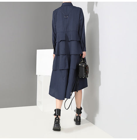 New 2019 Korean Style Women Autumn Navy Blue Shirt Dress Long Sleeve Cascading Ruffle Ladies Elegant Party Midi Dress Robe 3807
