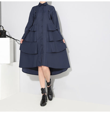 New 2019 Korean Style Women Autumn Navy Blue Shirt Dress Long Sleeve Cascading Ruffle Ladies Elegant Party Midi Dress Robe 3807