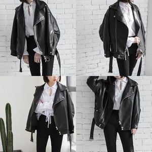 [EAM] High Quality 2020 Spring Black PU Leather Loose Turn-down Collar Zipper Fashion New Women's Wild Jacket LA938