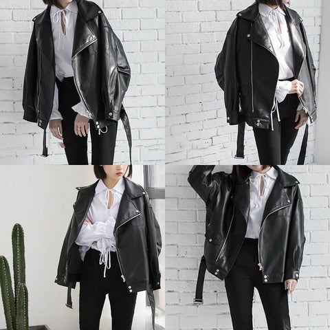 [EAM] High Quality 2020 Spring Black PU Leather Loose Turn-down Collar Zipper Fashion New Women's Wild Jacket LA938