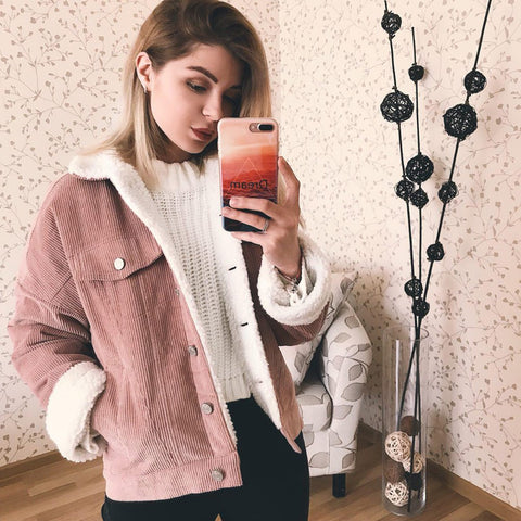 Toyouth Autumn Winter Corduroy Basic Jacket Lambswool Bomber Jacket Women Long Sleeve Jacket Casual Single Breasted Denim Jacket