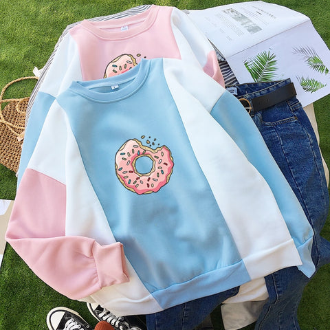 Women Sweatshirt Harajuku Kawaii Donuts Printing Cute Hoodies Patchwork Pastel Contrast Color O-neck Winter Autumn Clothing Top