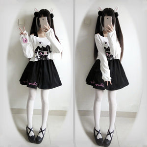 Black Comic Rabbit Dress Teens Girls 2 Pcs Suit Sweet Kawaii Short Dress Cute Bunny Print Long Sleeve Japanese Lolita Dress 2020