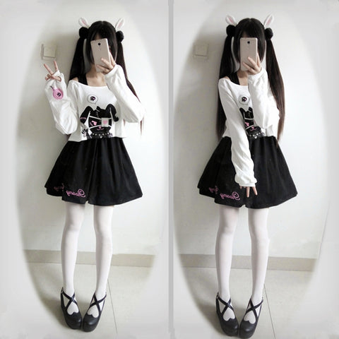 Black Comic Rabbit Dress Teens Girls 2 Pcs Suit Sweet Kawaii Short Dress Cute Bunny Print Long Sleeve Japanese Lolita Dress 2020