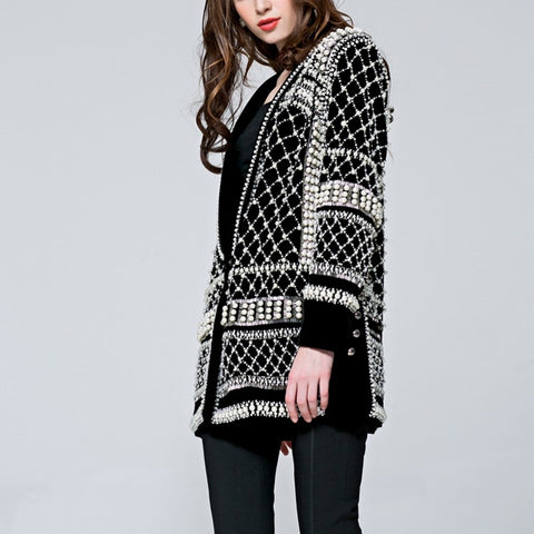 2019 Latest Runway New Fashion Top Quality Womens Pearls Handmade Beads Novelty Long Sleeve Jacket Luxury Black Outerwear Coats