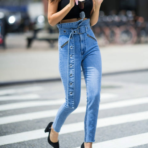 2019 Summer Fashion Europe and America Style Slim Fit Pencil Pants Pocket Decoration High Waist Trousers Women's Jeans with Belt