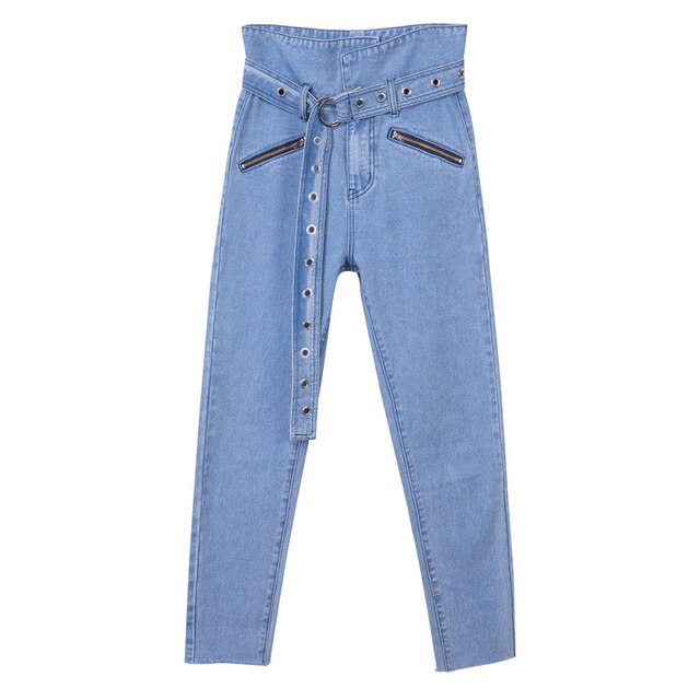 2019 Summer Fashion Europe and America Style Slim Fit Pencil Pants Pocket Decoration High Waist Trousers Women's Jeans with Belt