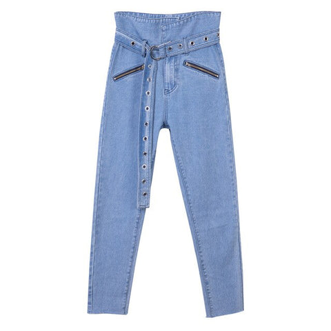 2019 Summer Fashion Europe and America Style Slim Fit Pencil Pants Pocket Decoration High Waist Trousers Women's Jeans with Belt