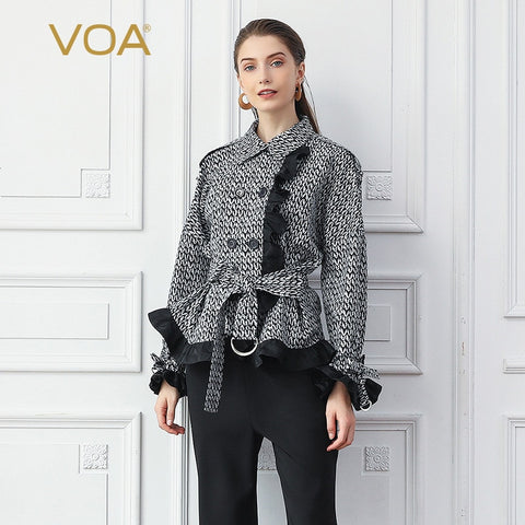 VOA Houndstooth Silk Short Coat Women Jacket Slim Outerwear Long Sleeve Belt Office Ladies Work Clothes Batwing Sleeve Fall W316