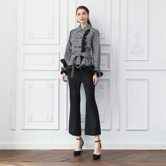 VOA Houndstooth Silk Short Coat Women Jacket Slim Outerwear Long Sleeve Belt Office Ladies Work Clothes Batwing Sleeve Fall W316