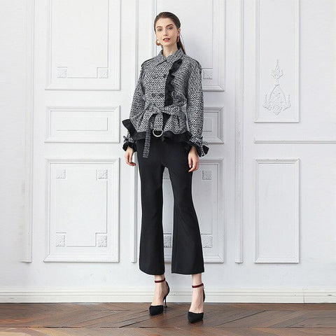 VOA Houndstooth Silk Short Coat Women Jacket Slim Outerwear Long Sleeve Belt Office Ladies Work Clothes Batwing Sleeve Fall W316