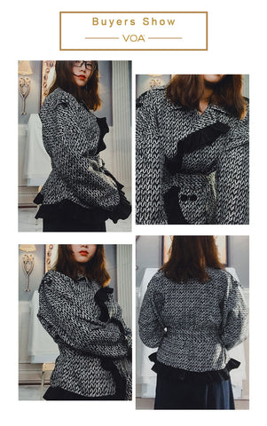 VOA Houndstooth Silk Short Coat Women Jacket Slim Outerwear Long Sleeve Belt Office Ladies Work Clothes Batwing Sleeve Fall W316