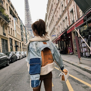 [DEAT] 2019 WinterWomen's Fashion Trend New Pattern Harajuku Lamb Hair Lapel Thickening Heavy Work Stitching Denim Jacket AI580