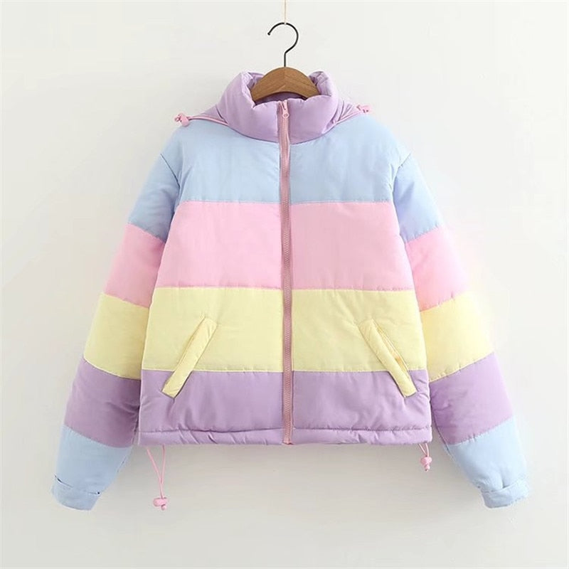 2019 Women Winter Coat Oversize Parkas Short Casual Warm Jacket Striped Winter Clothing Rainbow Stripe Splicing Fluffy Parka