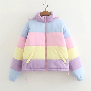 2019 Women Winter Coat Oversize Parkas Short Casual Warm Jacket Striped Winter Clothing Rainbow Stripe Splicing Fluffy Parka