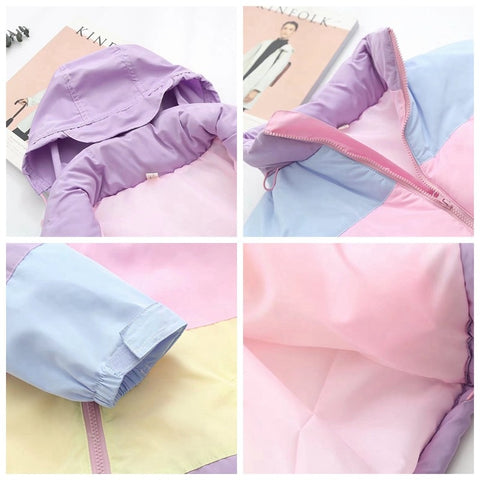 2019 Women Winter Coat Oversize Parkas Short Casual Warm Jacket Striped Winter Clothing Rainbow Stripe Splicing Fluffy Parka