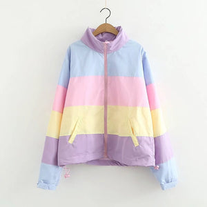 2019 Women Winter Coat Oversize Parkas Short Casual Warm Jacket Striped Winter Clothing Rainbow Stripe Splicing Fluffy Parka