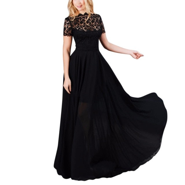 Elegant Black Formal Lace Mesh Women Long Dress Ladies Prom Evening Party Chiffon Long Maxi Dress Boho Style Vestidos