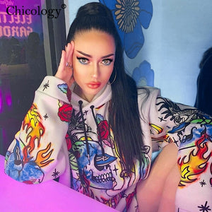 Chicology skull fire flame print Gothic oversize streetwear hoodies women long sleeve kpop clothes 2019 autumn winter hooded top