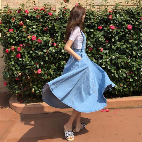 NORMOV Denim Dress Women Fashion Solid V Neck Sleeveless Backless With Button Pocket Mid Calf Cotton Strap Dress Office Lady