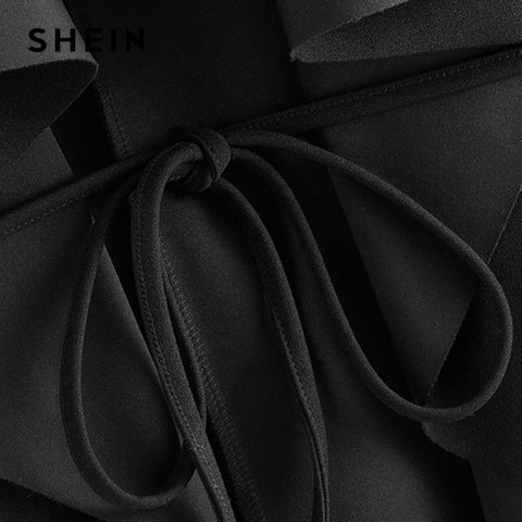 SHEIN Black Waterfall Collar Asymmetrical Hem Coat With Belt Women Coats 2019 Autumn Solid 3/4 Length Sleeve Casual Outerwear