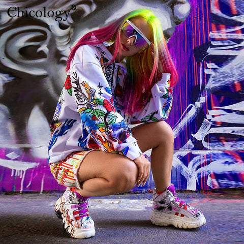 Chicology skull fire flame print Gothic oversize streetwear hoodies women long sleeve kpop clothes 2019 autumn winter hooded top