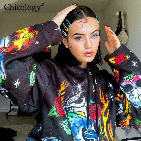 Chicology skull fire flame print Gothic oversize streetwear hoodies women long sleeve kpop clothes 2019 autumn winter hooded top