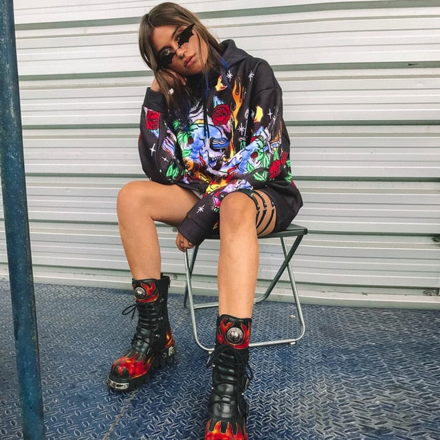 Chicology skull fire flame print Gothic oversize streetwear hoodies women long sleeve kpop clothes 2019 autumn winter hooded top