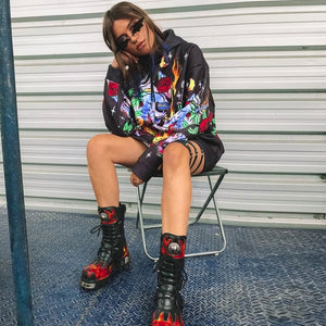 Chicology skull fire flame print Gothic oversize streetwear hoodies women long sleeve kpop clothes 2019 autumn winter hooded top