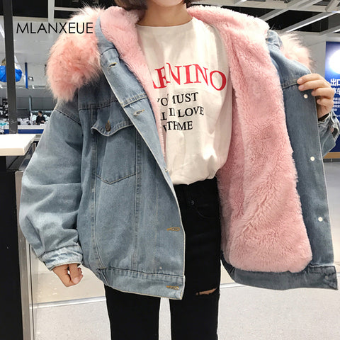 Hooded Fur Denim Jackets Women Liner Cotton Winter Thicker Denim Coats Ladies Casual Jacket Female Plus Size Loose Outerwear Top