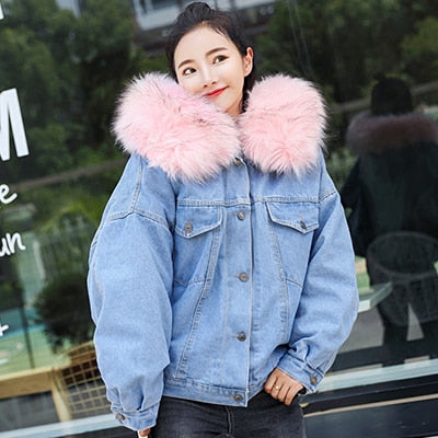 Hooded Fur Denim Jackets Women Liner Cotton Winter Thicker Denim Coats Ladies Casual Jacket Female Plus Size Loose Outerwear Top