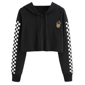 Women Tops Sweatshirt Pineapple Embroidered Gingham Plaid Hoodies Pullover Student