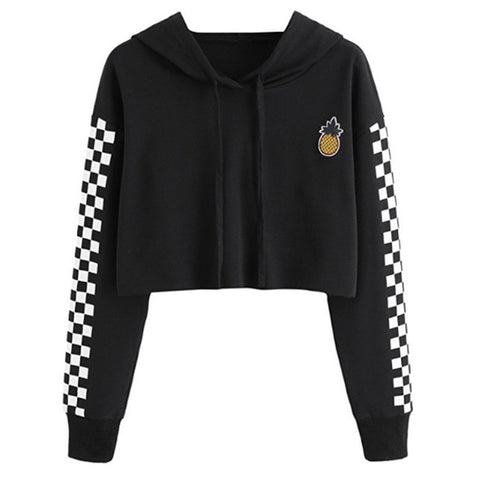 Women Tops Sweatshirt Pineapple Embroidered Gingham Plaid Hoodies Pullover Student