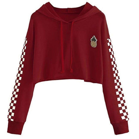 Women Tops Sweatshirt Pineapple Embroidered Gingham Plaid Hoodies Pullover Student