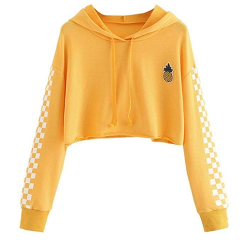 Women Tops Sweatshirt Pineapple Embroidered Gingham Plaid Hoodies Pullover Student