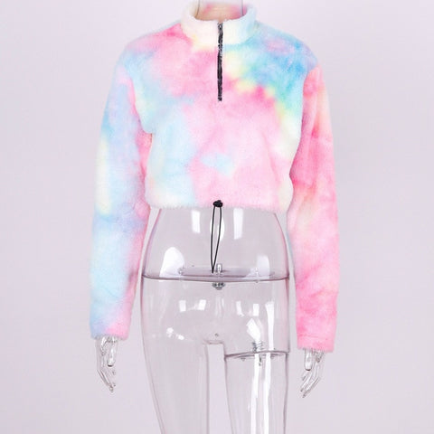 Nadafair Long Sleeve White Cropped Hoodie Women Autumn Winter Pullover Short Sweatshirt Plush Zipper Faux Fur Fluffly Sweatshirt