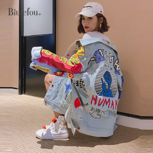 2019 Autumn denim jackets hole cartoon graffiti women chic jackets