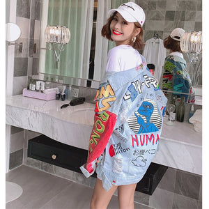 2019 Autumn denim jackets hole cartoon graffiti women chic jackets