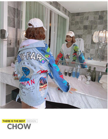 2019 Autumn denim jackets hole cartoon graffiti women chic jackets